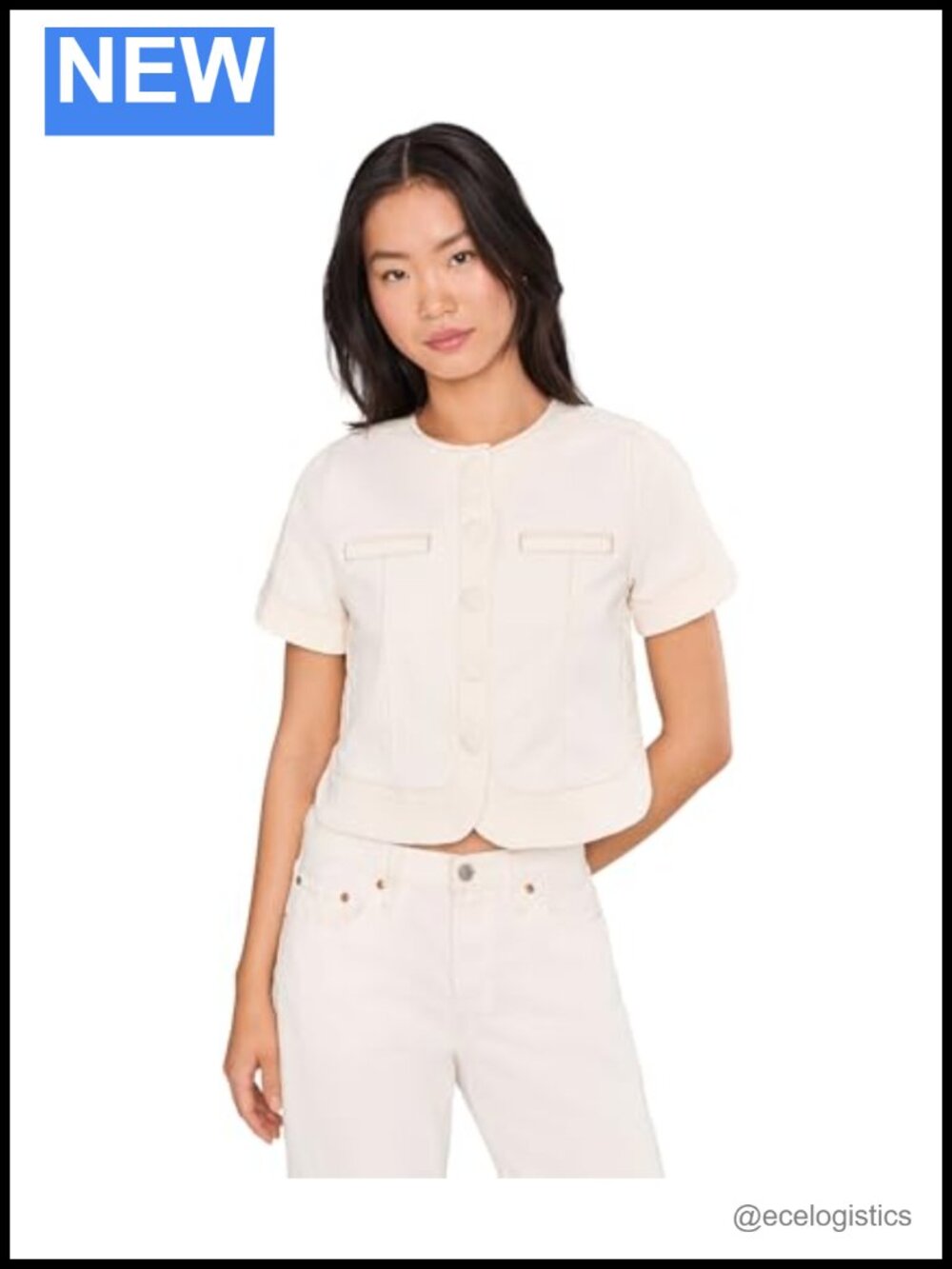 Collarless Short Sleeve Cropped Denim Jacket Women's Casual